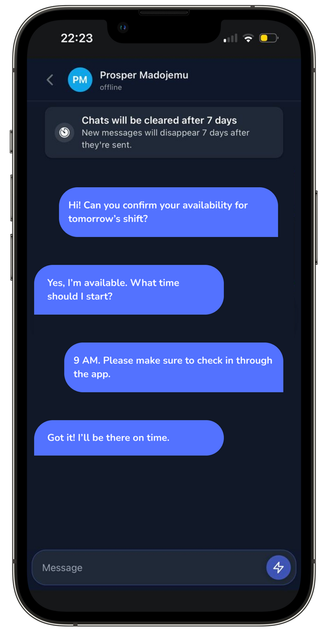 In-app messaging screen